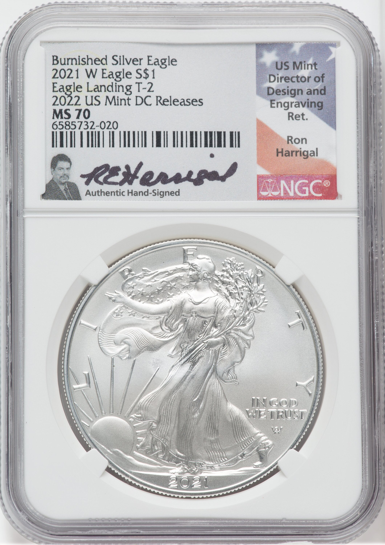 2021 W T2 Burnished Silver Eagle 2022 NGC MS70 Ron Harrigal | LCR Coin