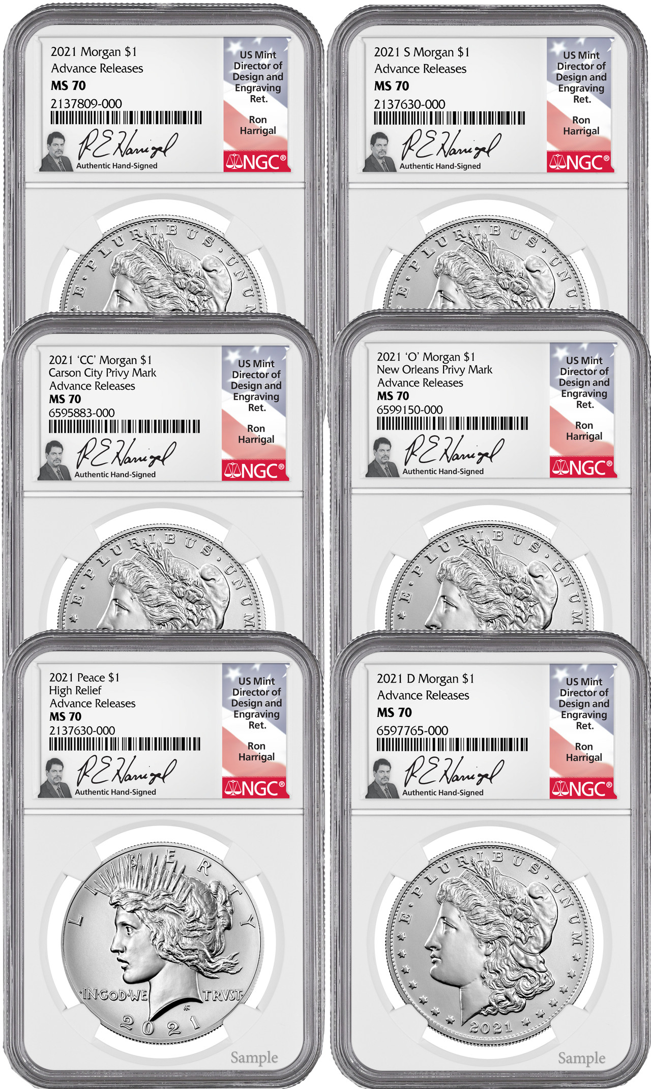 2021 Morgan Peace Dollar NGC MS70 6-pc Complete Set 100th