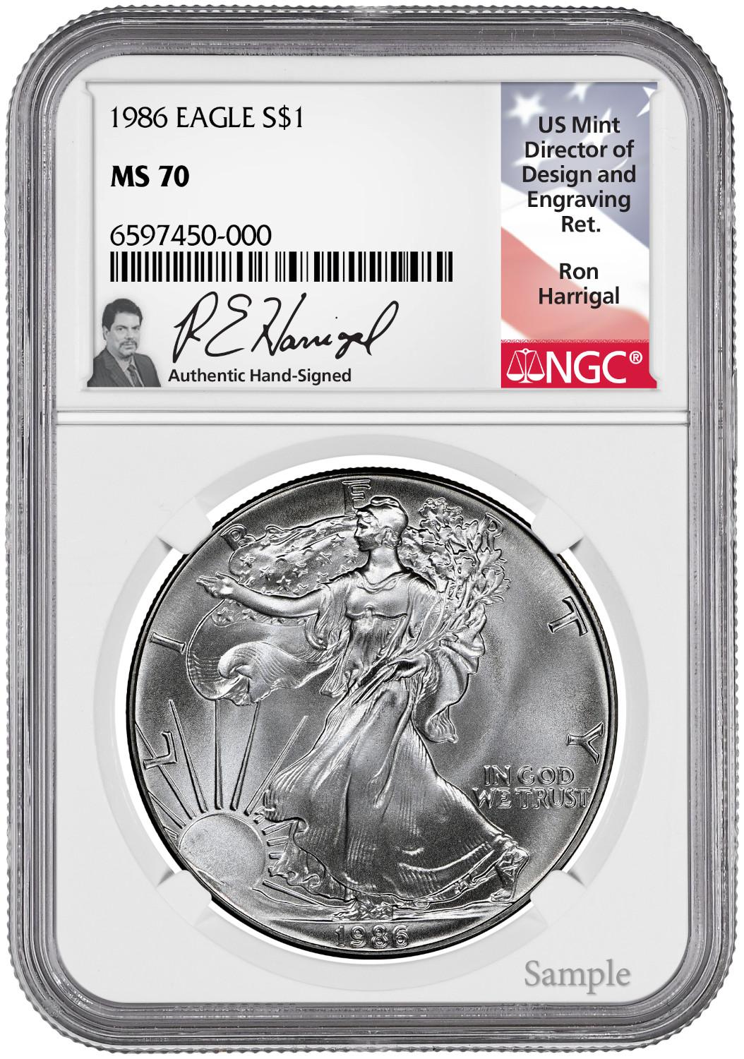 1986 American Silver Eagle NGC MS70 Ron Harrigal Signed | LCR Coin