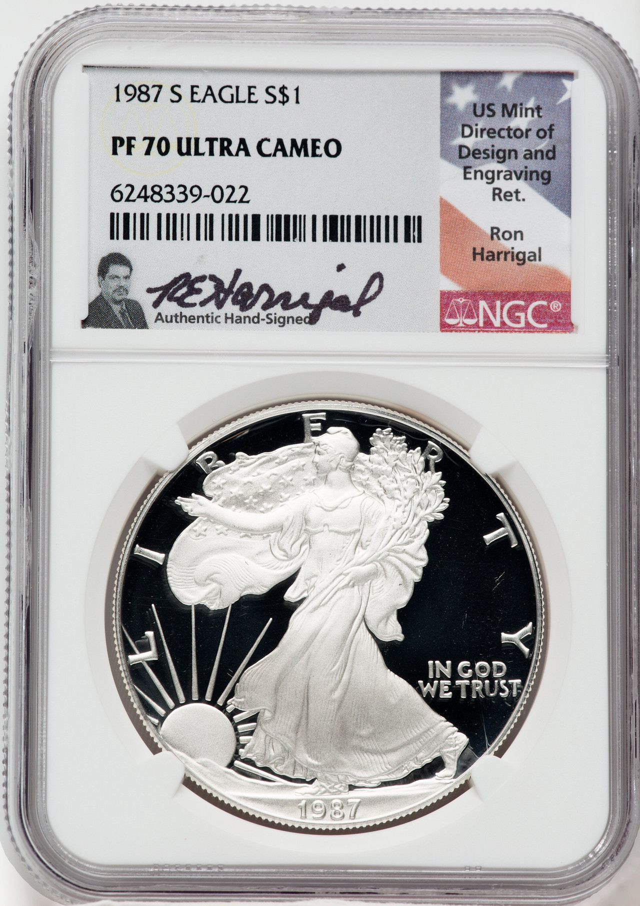 1987-S American Silver Eagle NGC PF70 signed by Ron Harrigal | LCR