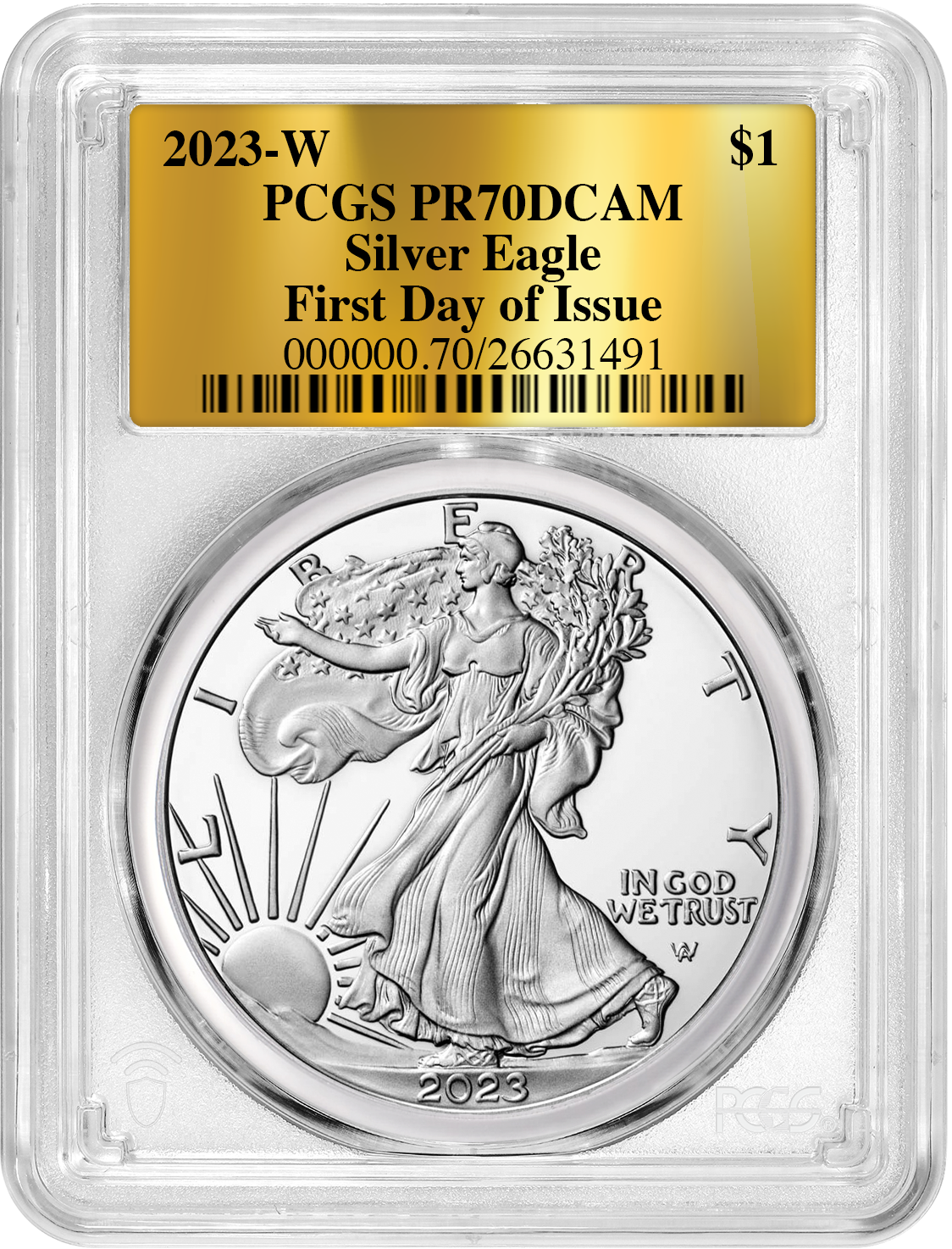 2023-W Proof Silver Eagle First Day of Issue Gold Label PCGS PR70