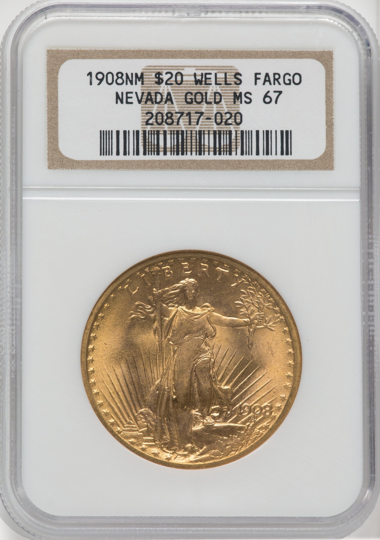 1908 NM $20 Wells Fargo Saint-Gaudens Double Eagle NGC MS67 - LCR Coin