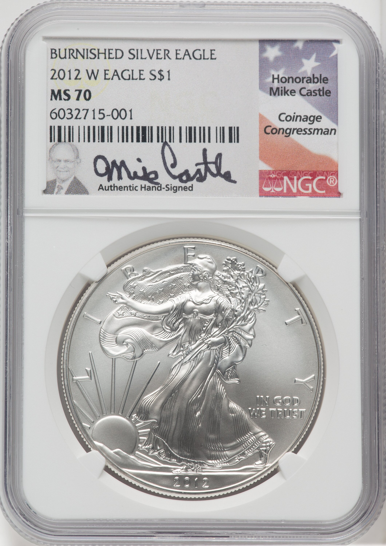 2012-W S$1 Silver Eagle Burnished Mike Castle Signature NGC MS70