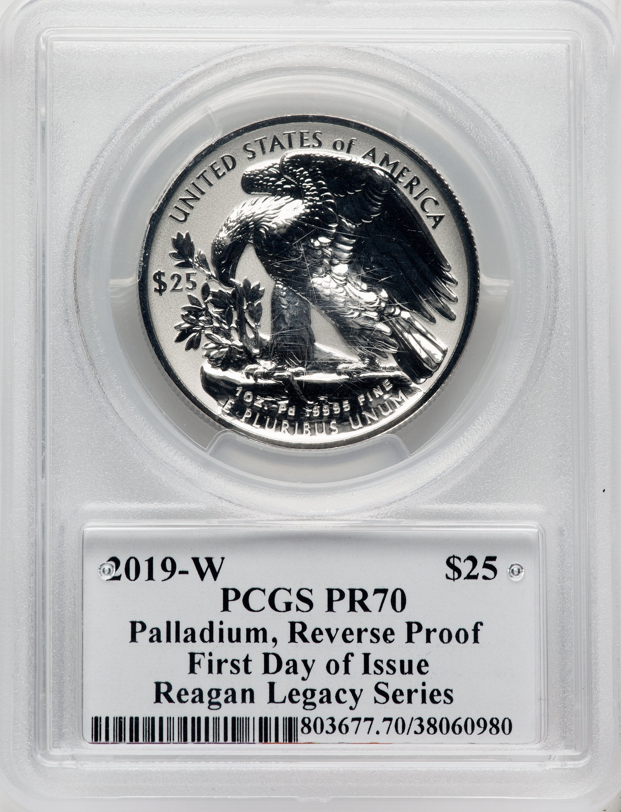 2019-W $25 Palladium Reverse Proof First Day of Issue Reagan