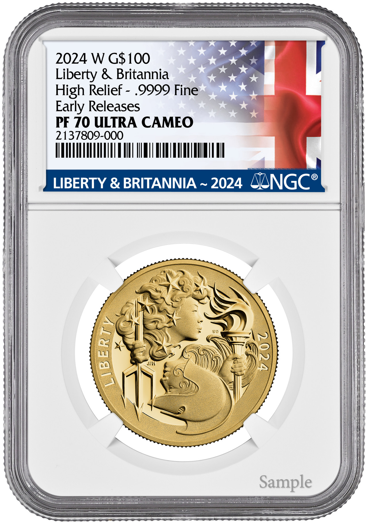 2024 W G$100 Liberty & Britannia High Relief Gold Coin NGC PF70