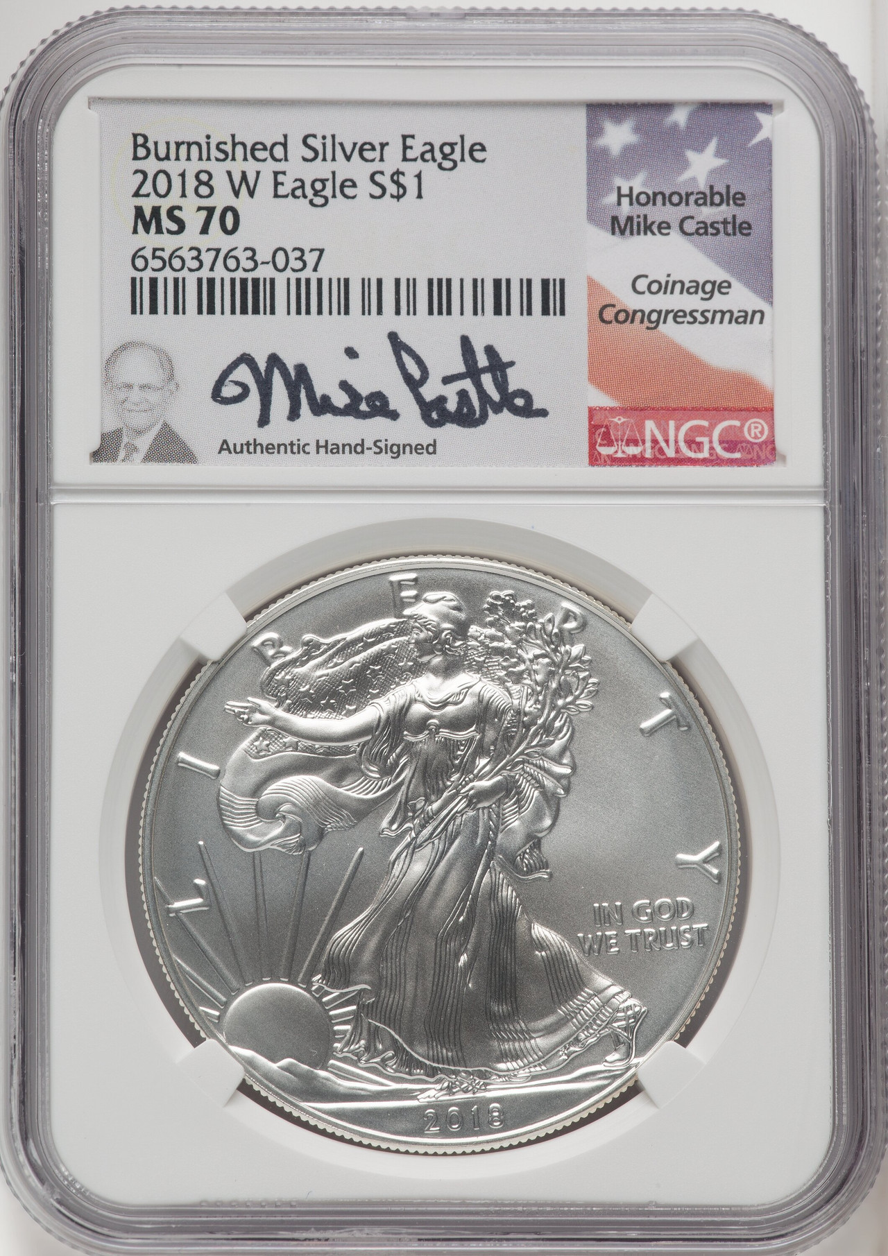 2018-W S$1 Silver Eagle Burnished Mike Castle NGC MS70 - LCR Coin