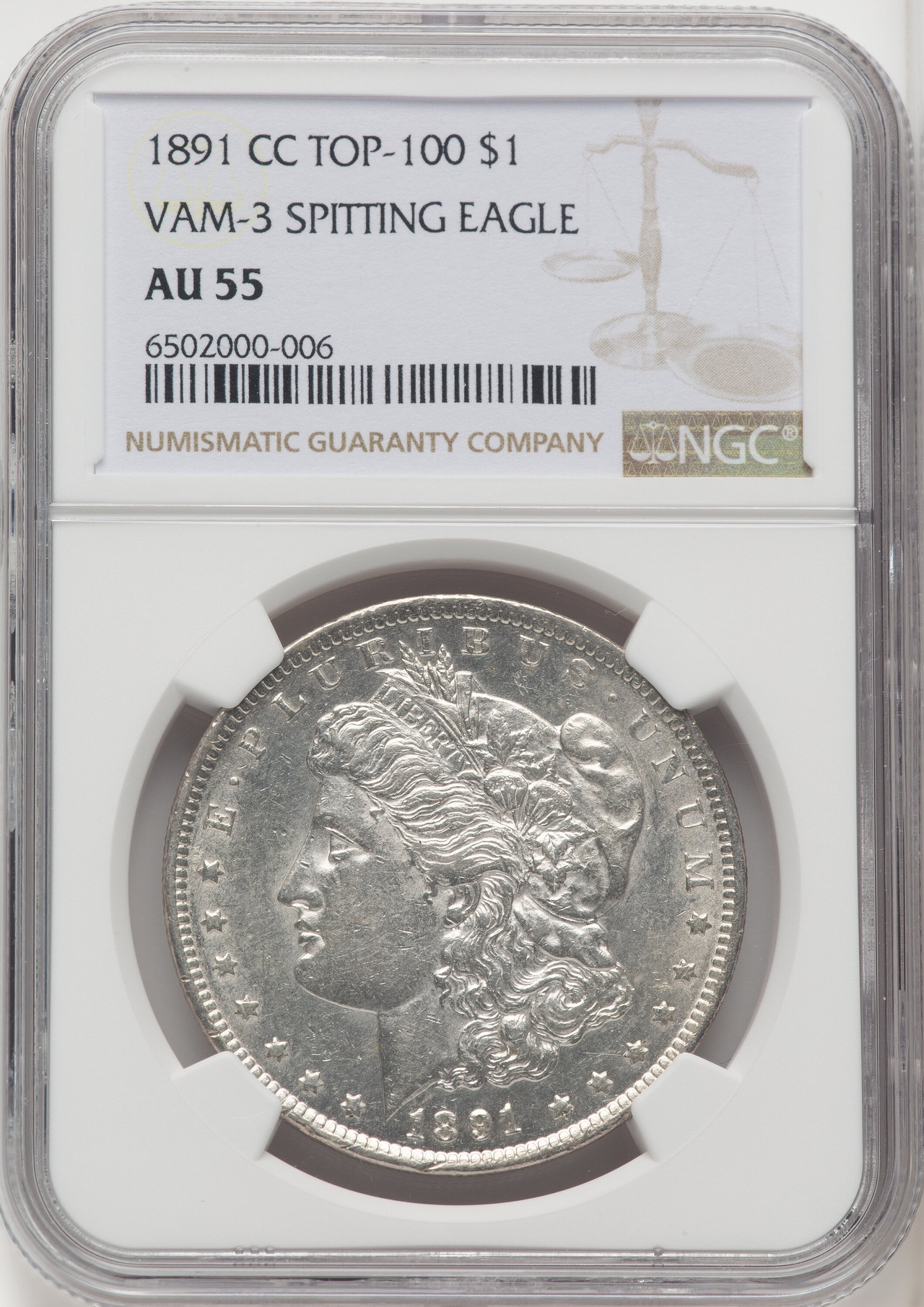 1891-CC $1 VAM-3 Spitting Eagle Morgan Dollar NGC AU55 - LCR Coin