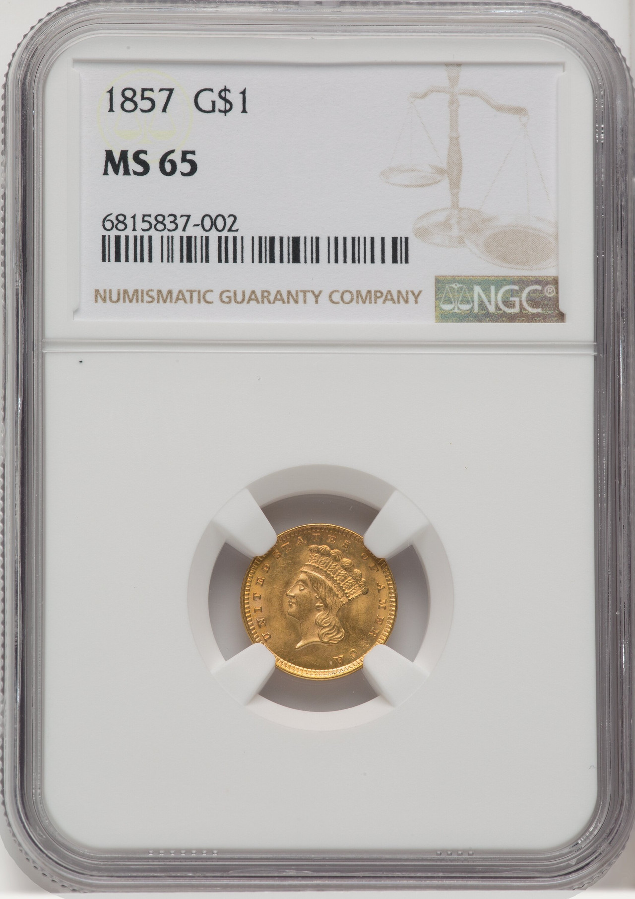 1857 G$1 Gold Dollar NGC MS65 - LCR Coin