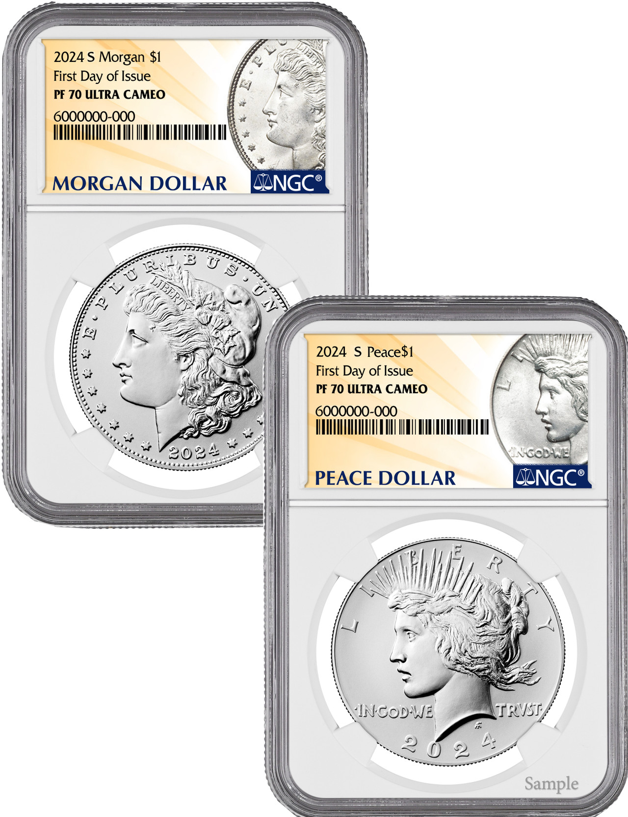 2024-S Morgan and Peace Silver Dollar 2pc Proof Set FDI NGC PF70