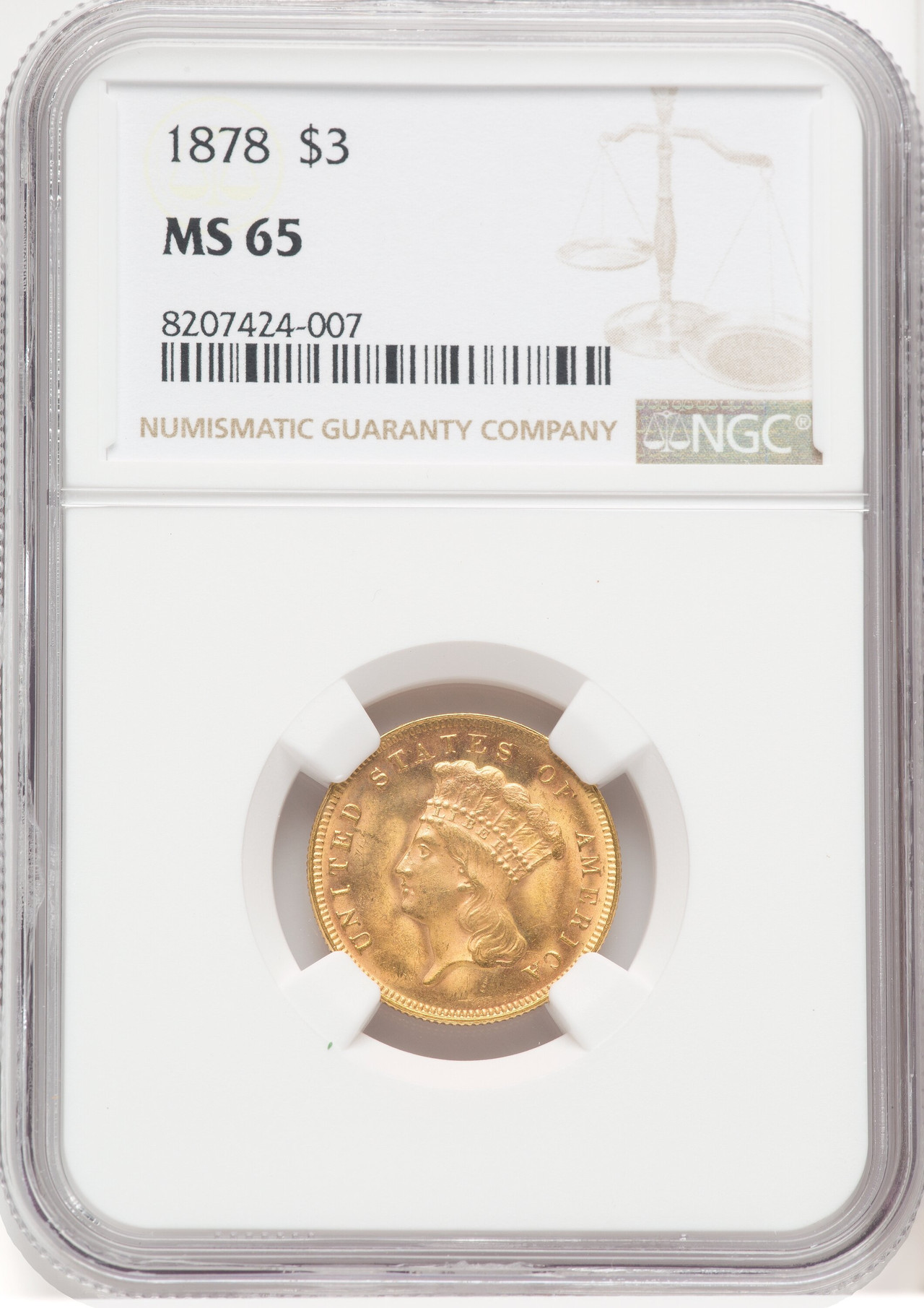 1878 $3 Three Dollar Gold Pieces NGC MS65 (768214025) - LCR Coin