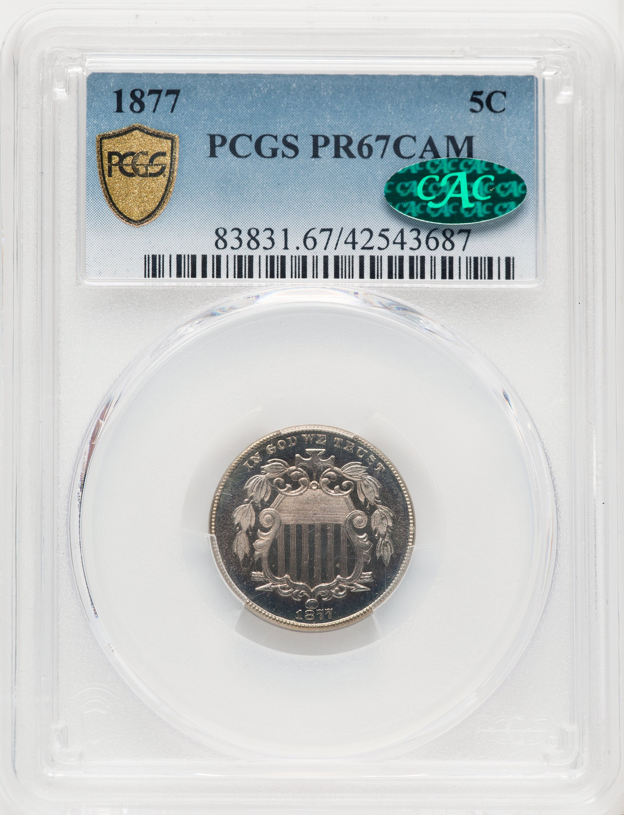 1877 5C CA CAC Proof Shield Nickel PCGS PR67 - LCR Coin