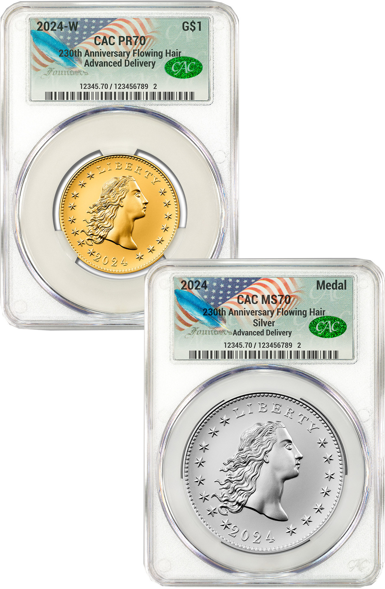 2024-W 230th Anniversary Flowing Hair 2-Coin set AD CAC PR70