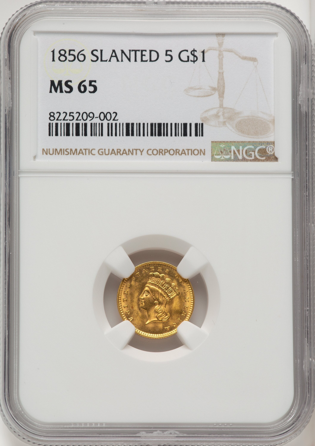 1856 G$1 Slanted 5 Brown Label Gold Dollar NGC MS65 - LCR Coin