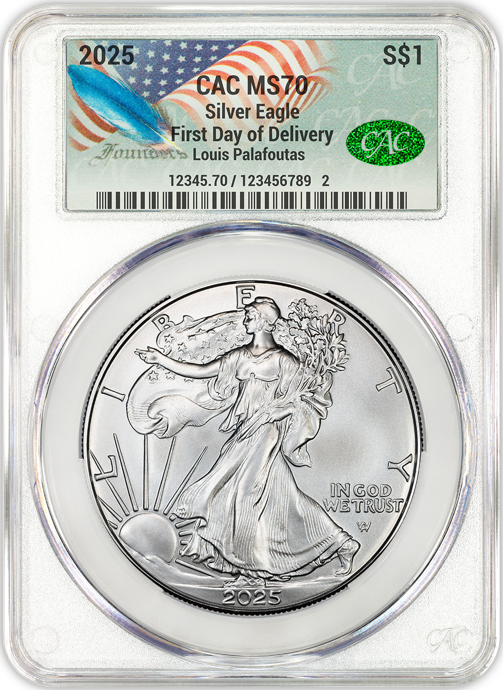 2025 American Silver Eagle First Delivery CAC MS70 Founders Label