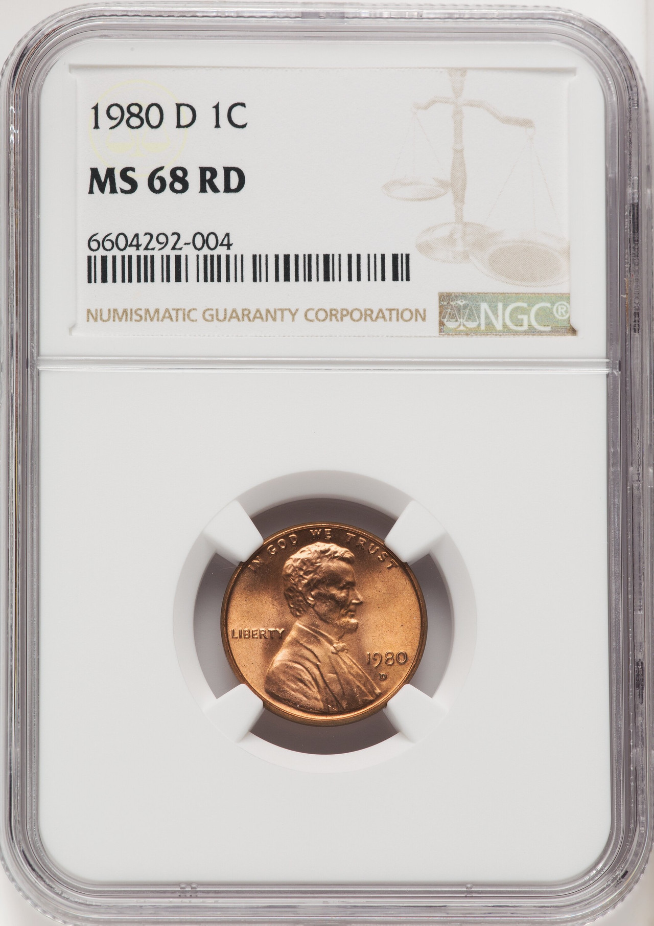 1980-D 1C RD Lincoln Cent NGC MS68 - LCR Coin