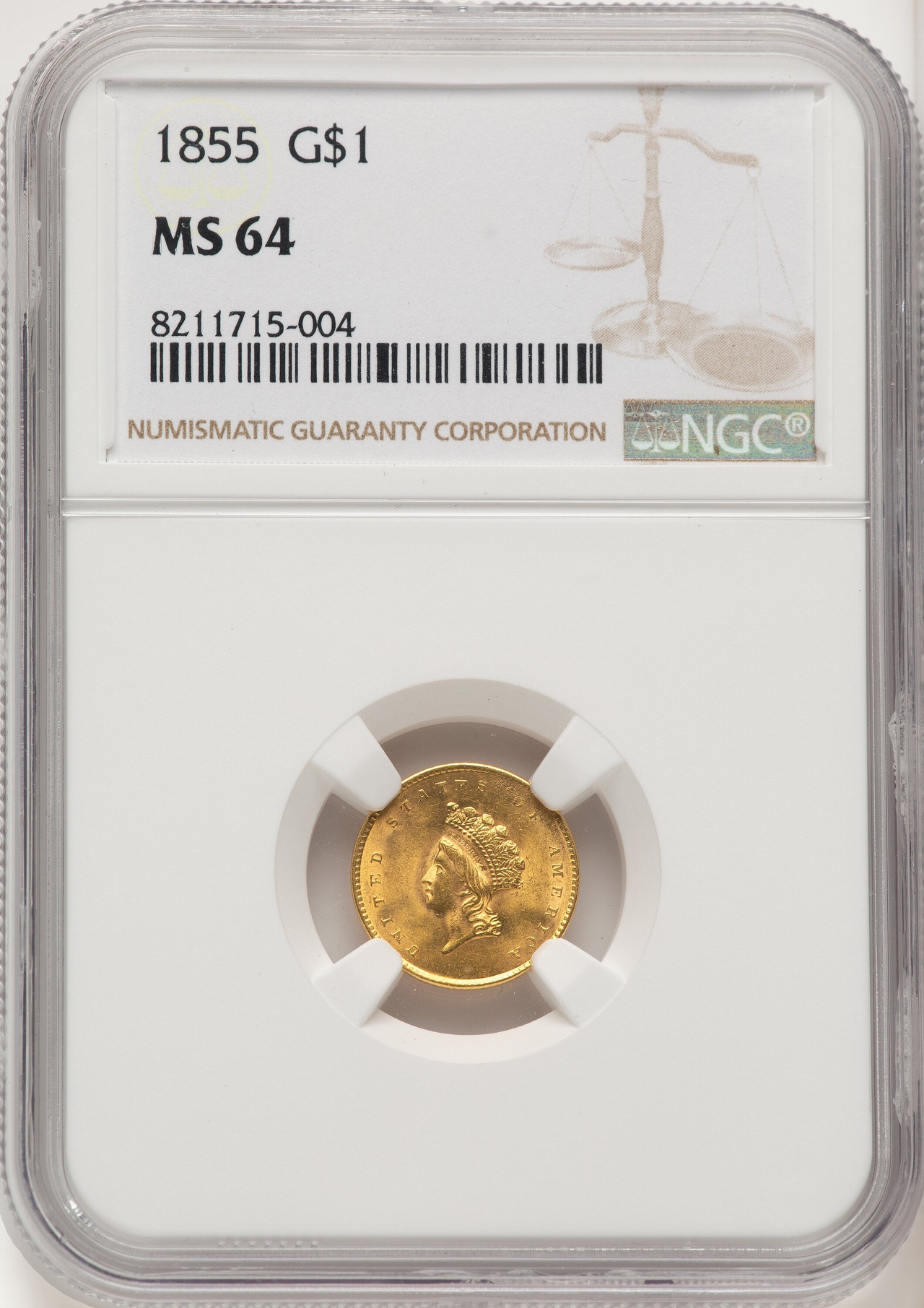 1855 G$1 Type Two Gold Dollar NGC MS64 - LCR Coin