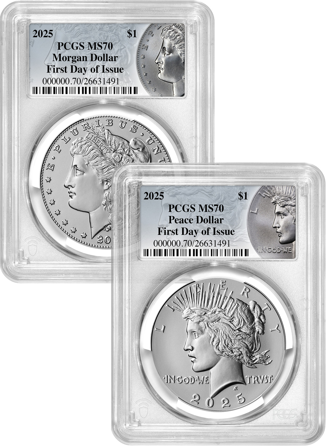 2025 イギリス The Two es 銀貨 PCGS  70 2025 Morgan and Peace Silver Dollar 2pc Set FDI PCGS MS70 | LCR Coin