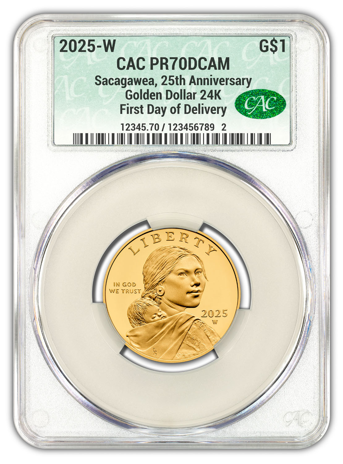 2025-W Sacagawea, 25th Anniversary Golden Dollar 24K FDD CAC PR70