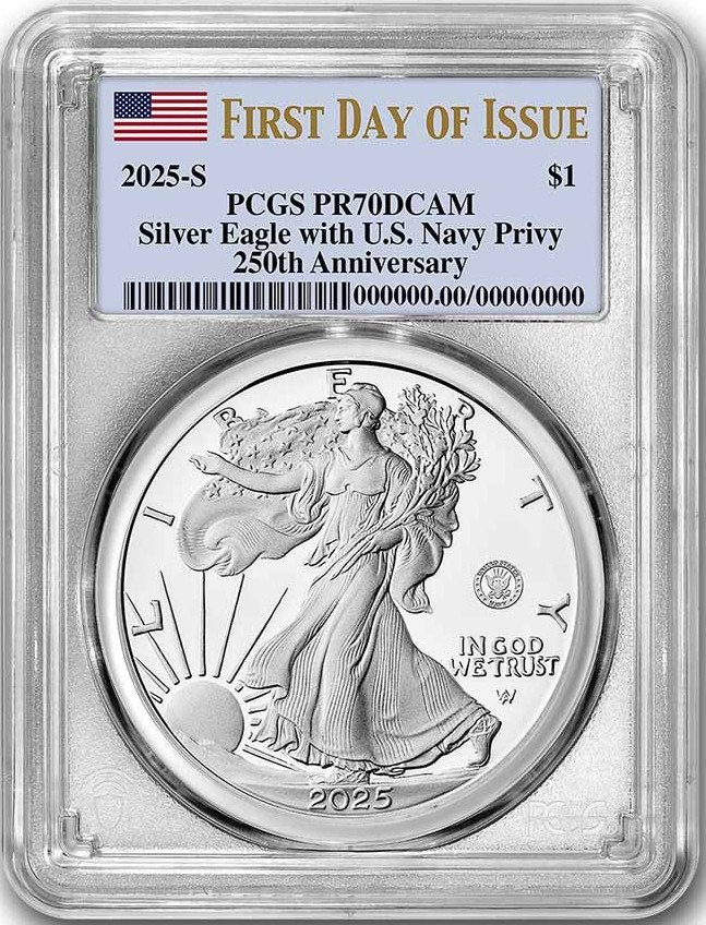2025-S Silver Eagle 250th Anniversary U.S. Navy Privy FDI PCGS