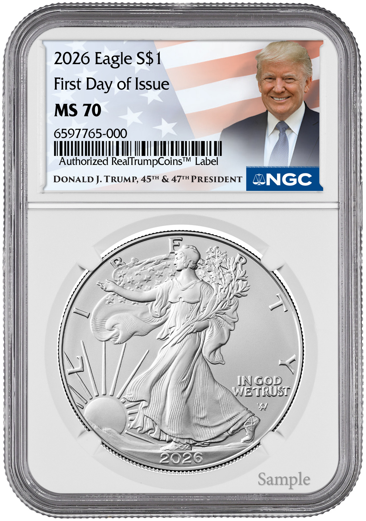 2026 American Silver Eagle NGC MS70 Trump Label | LCR Coin