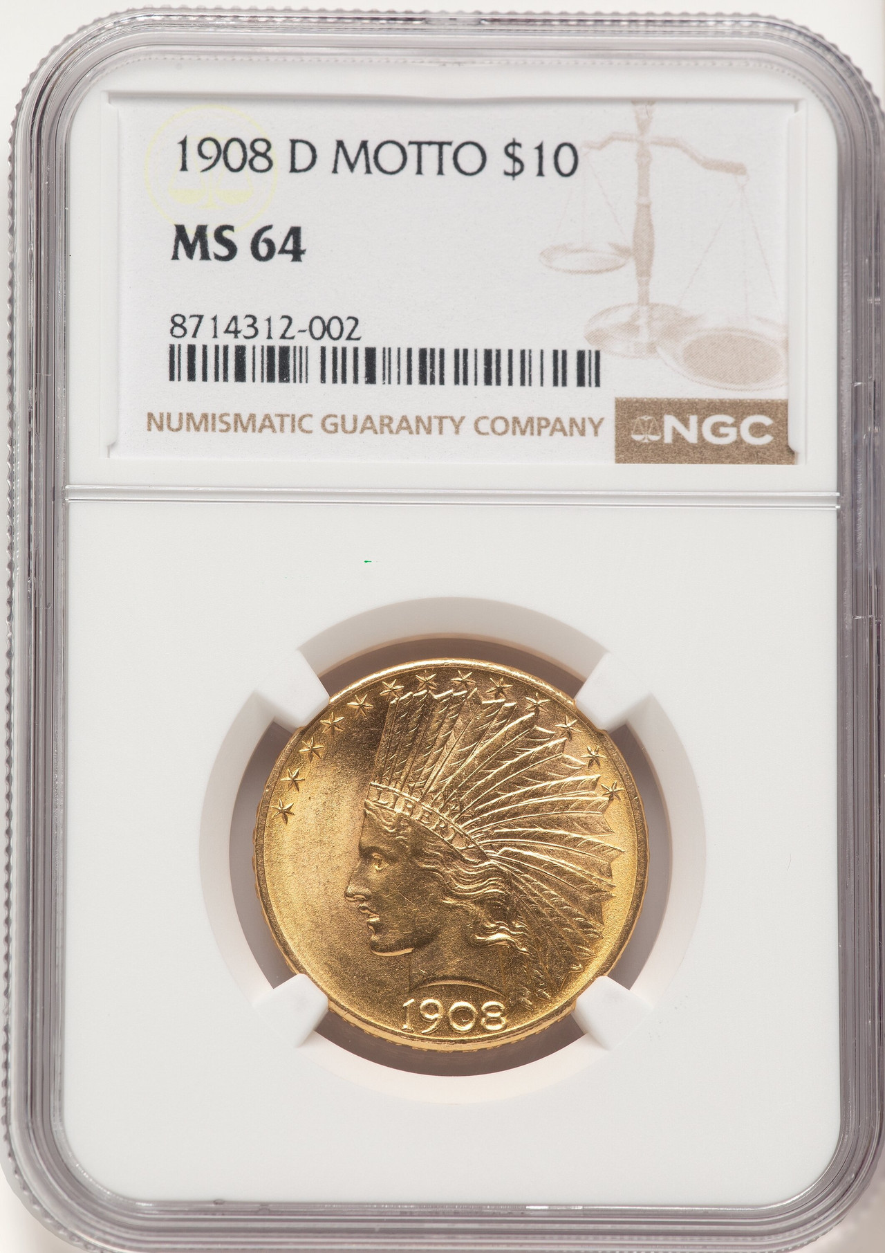 1908-D $10 MOTTO Indian Eagle NGC MS64 - LCR Coin