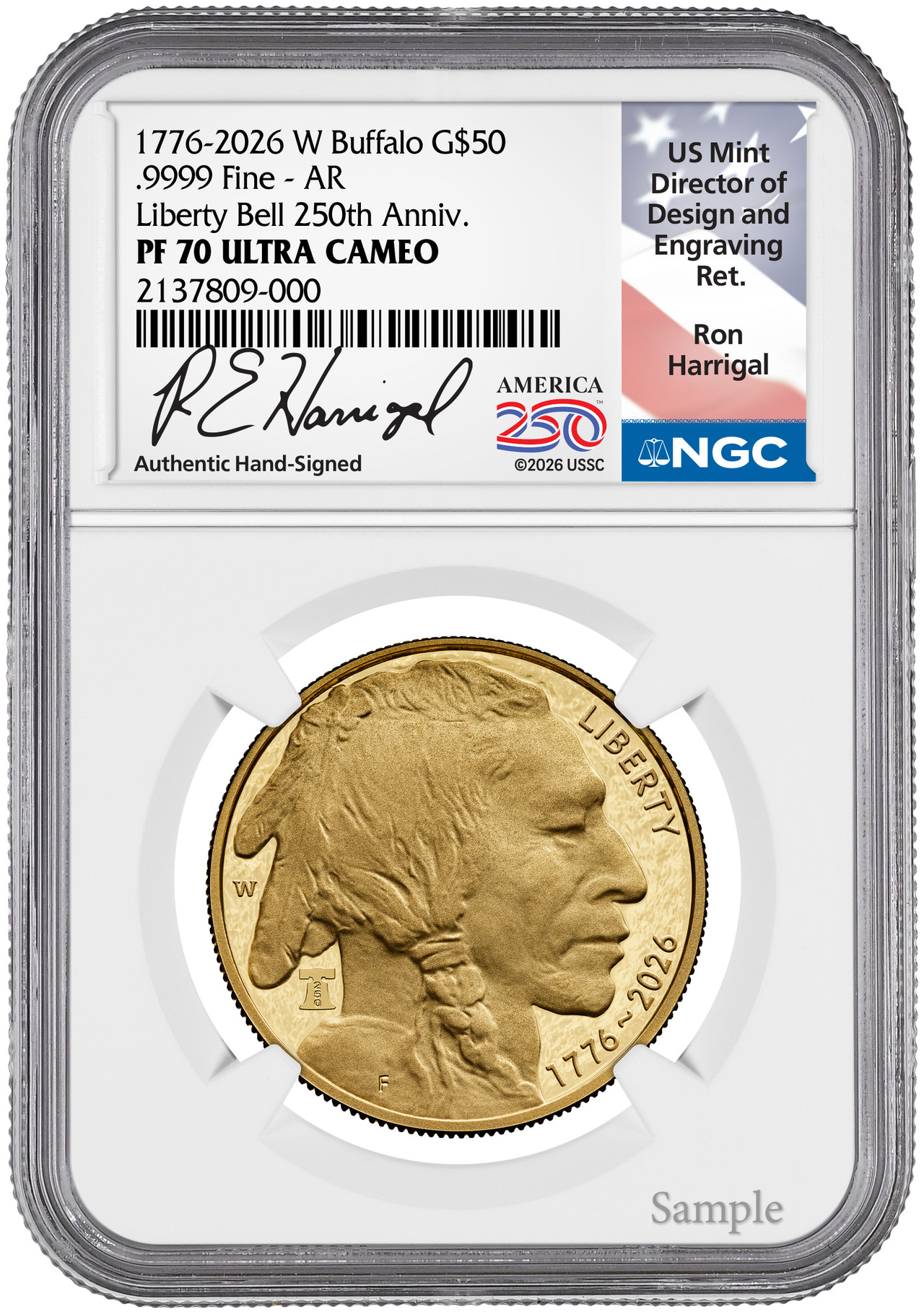 2026-W 1 oz Proof Gold Buffalo 250 Liberty Bell NGC PF70 (1776