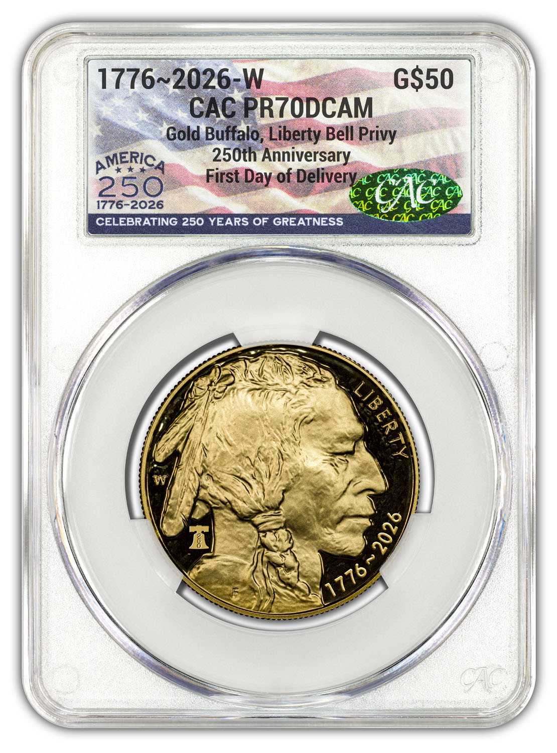 2026-W 1 oz Proof Gold Buffalo America 250 Liberty Bell CAC PR70