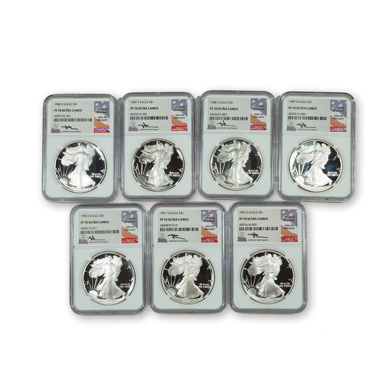 1986-1992 S American Proof Silver Eagle Set NGC PF70 Ultra Cameo
