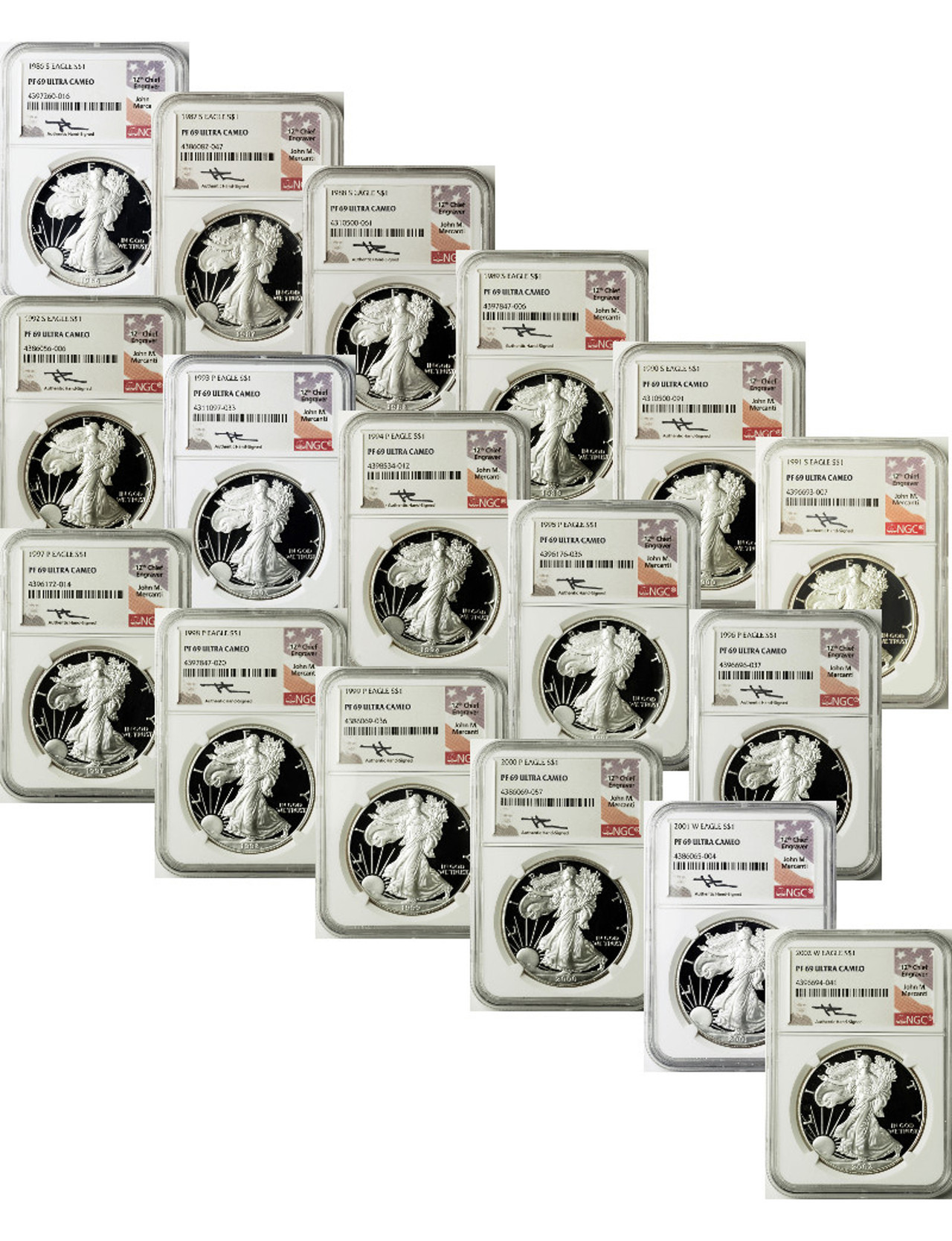 1986-2021 American Silver Eagle 37-pc Set NGC PF69 Mercanti Signed