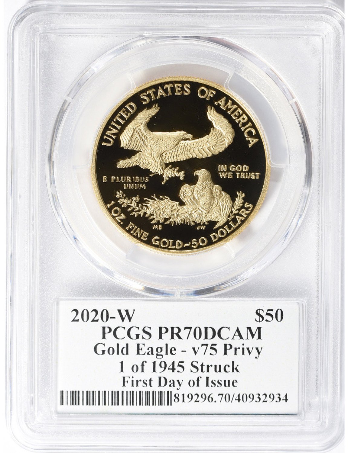 2020-W End of WWII 75th Anniversary $50 1 Oz Gold Eagle V75 PCGS