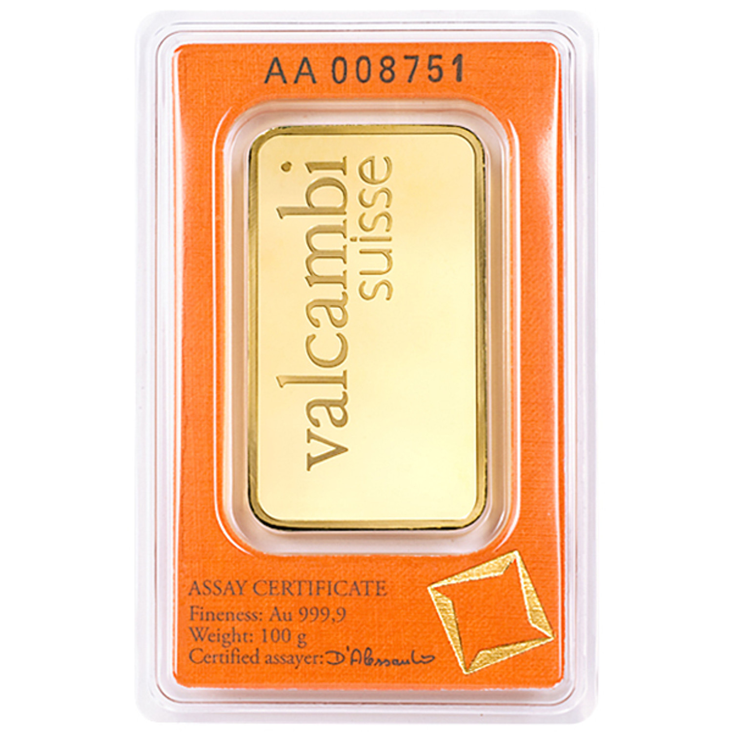 100 Gram Valcambi Gold Bar New w/ Assay. Second Image