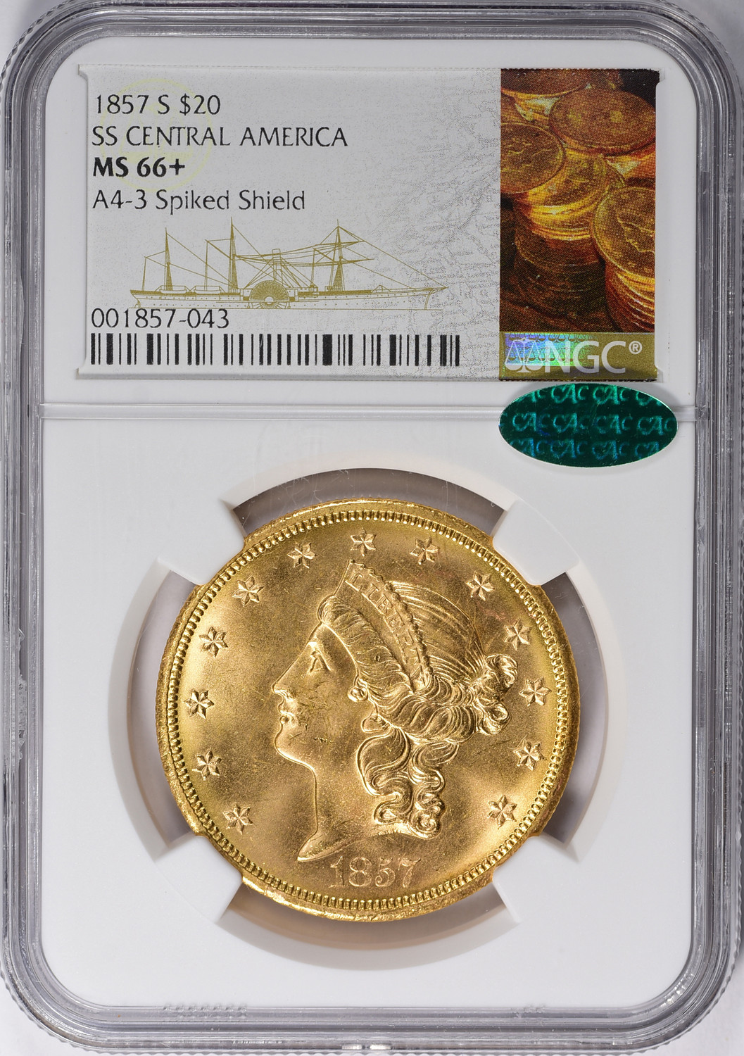 1857-S $20 SS Central America A4-3 Spiked Shield NGC MS66+ CAC