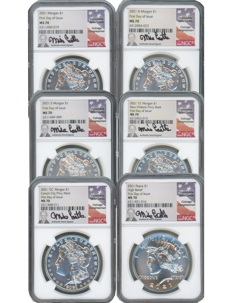 2021 Morgan Peace Dollar First Day of Issue NGC MS70 6-pc Complete