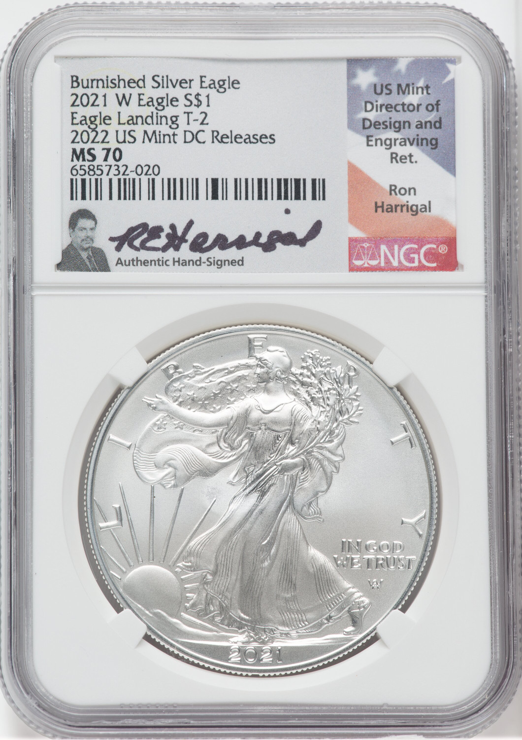 2021 W T2 Burnished Silver Eagle 2022 NGC MS70 Ron Harrigal | LCR Coin