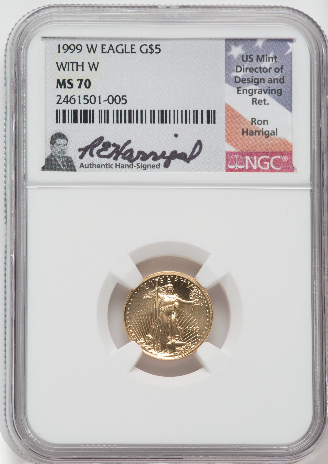 1999-W $5 Mint Error 1/10 oz Gold Eagle With W NGC MS70 Harrigal