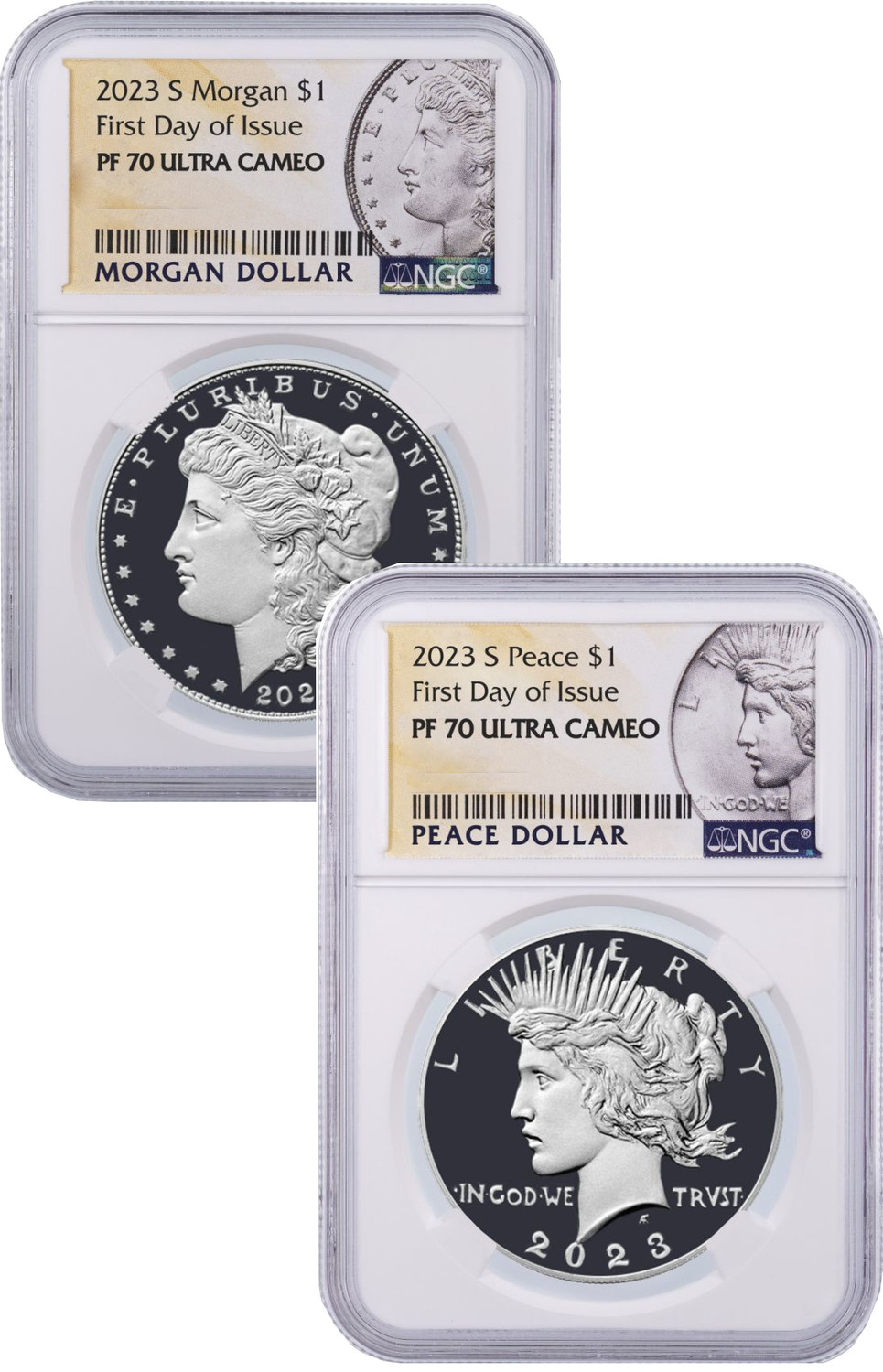 2023-S Morgan and Peace Silver Dollar 2pc Set FDI NGC PF70 | LCR Coin