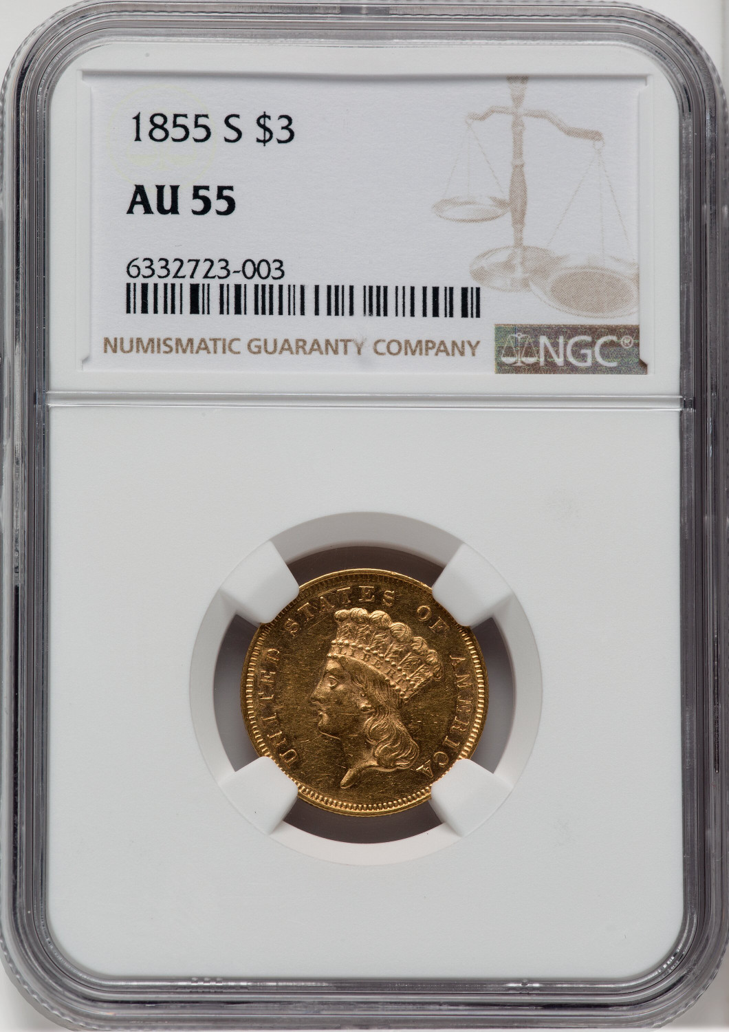 1855-S $3 Three Dollar Gold Pieces NGC AU55 - LCR Coin