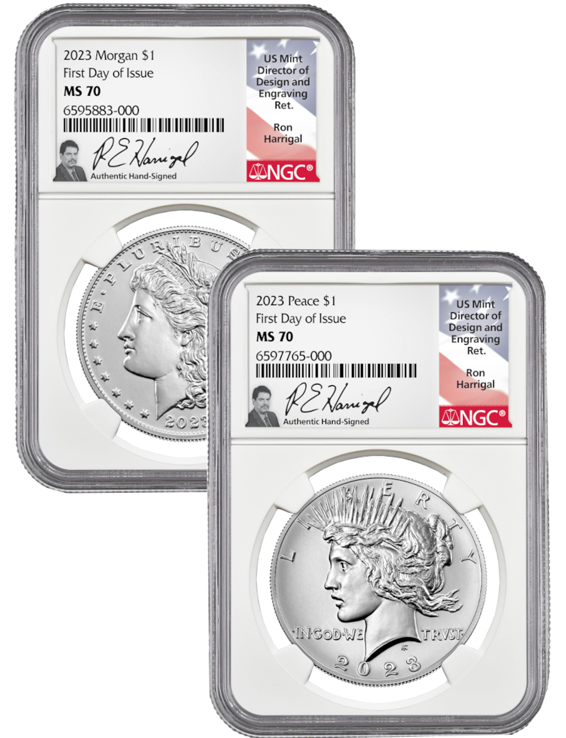 2023 Morgan and Peace Silver Dollar 2pc Set FDI NGC MS70 Ron Harrigal Signed