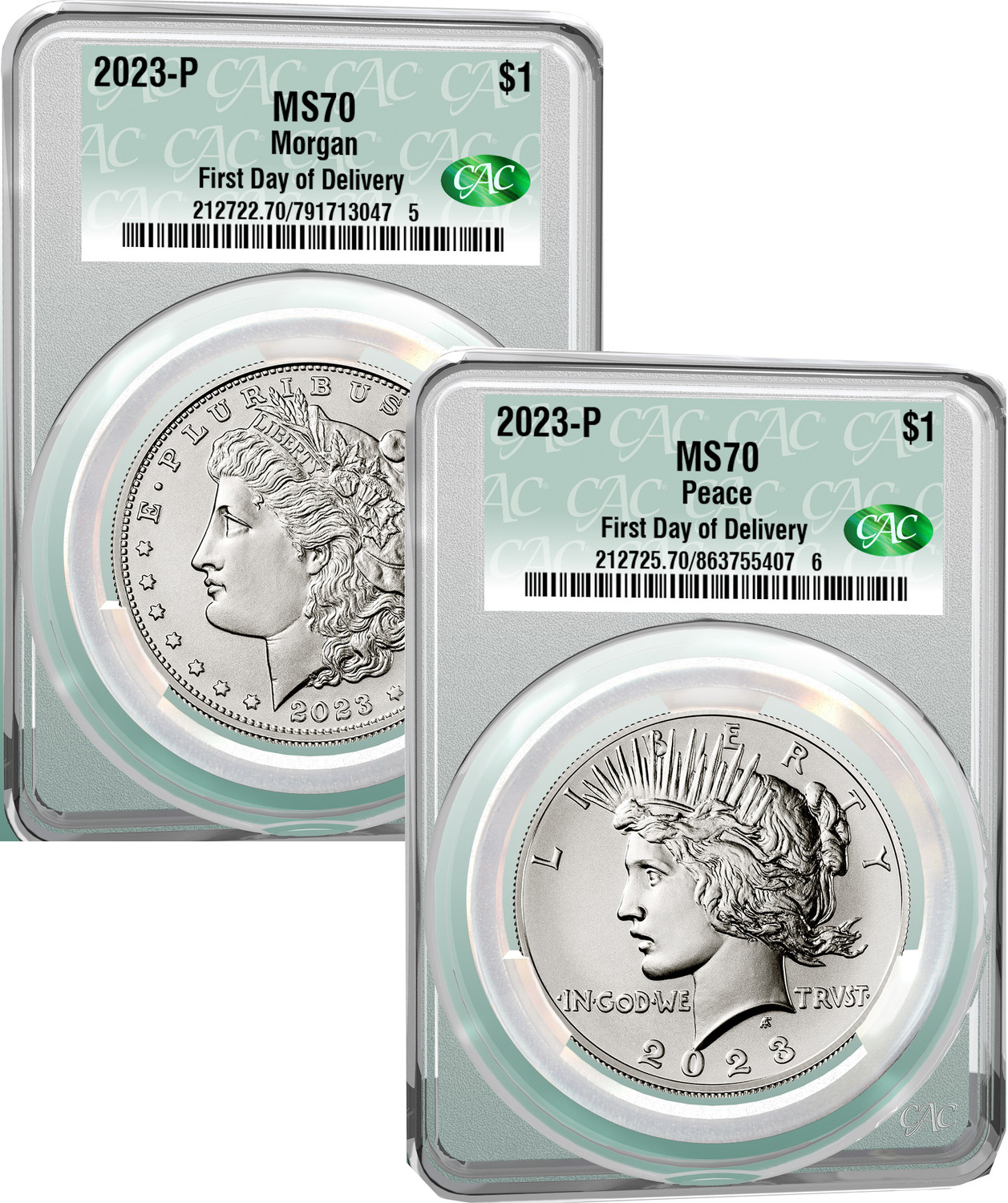 2023-P Morgan and Peace Silver Dollar 2pc Set Coin Label CAC MS70 