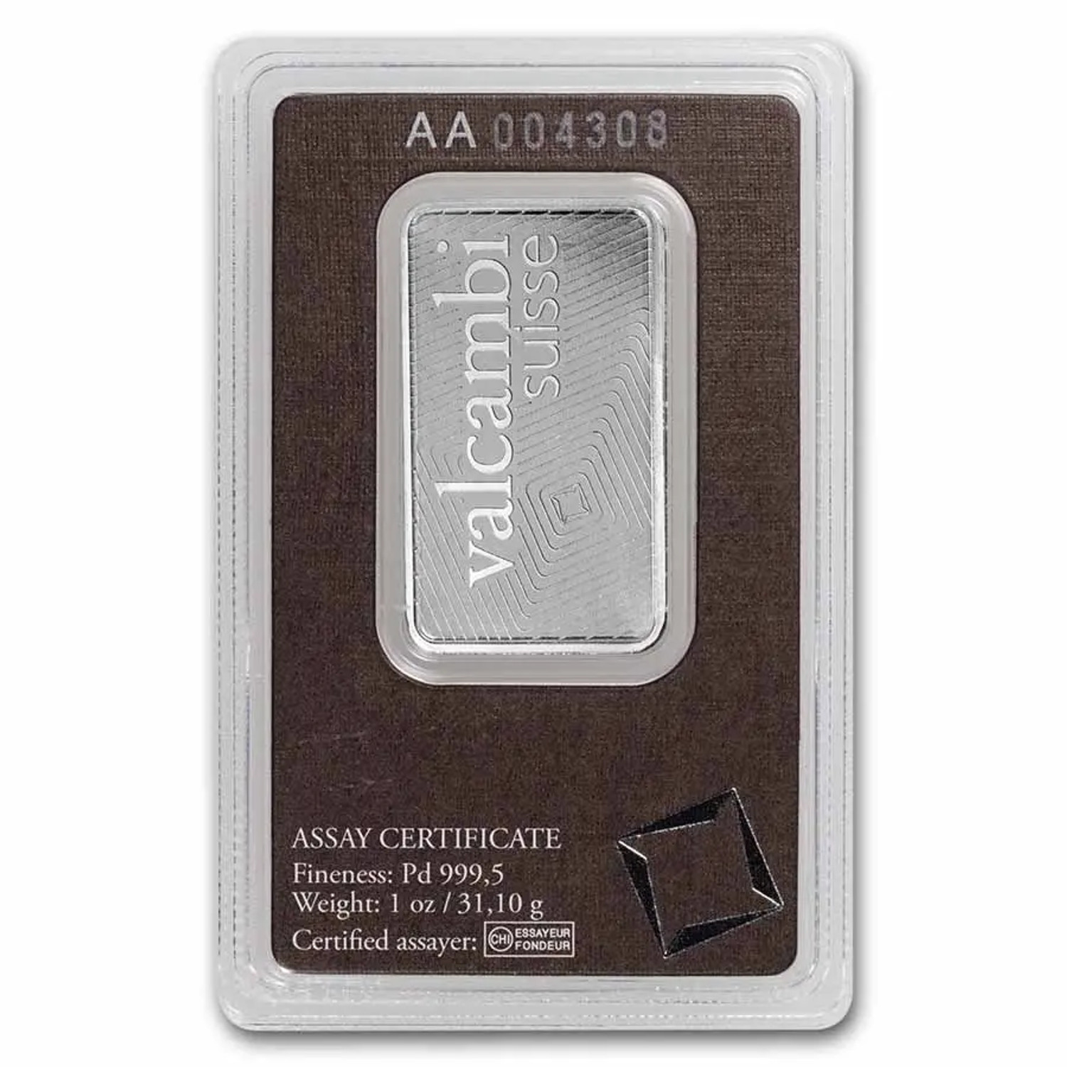 Valcambi 1 oz Palladium Bar New in Assay. Second image.
