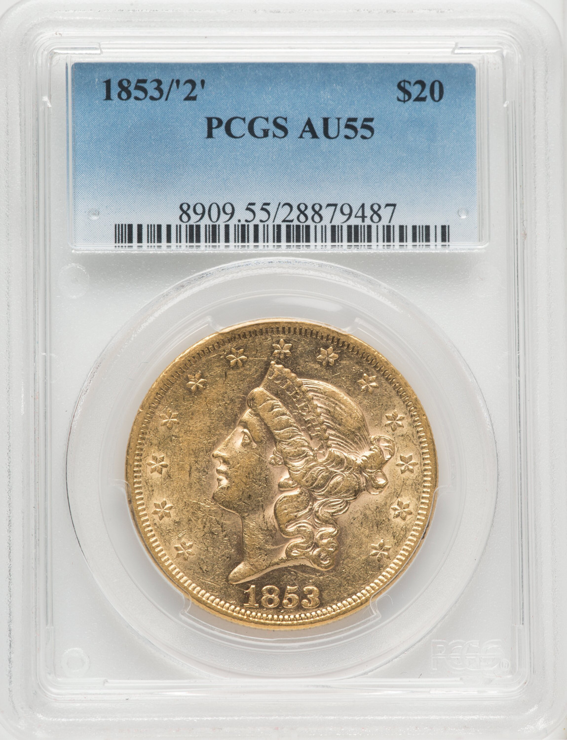 1853/2 $20 Liberty Double Eagle PCGS AU55 - LCR Coin