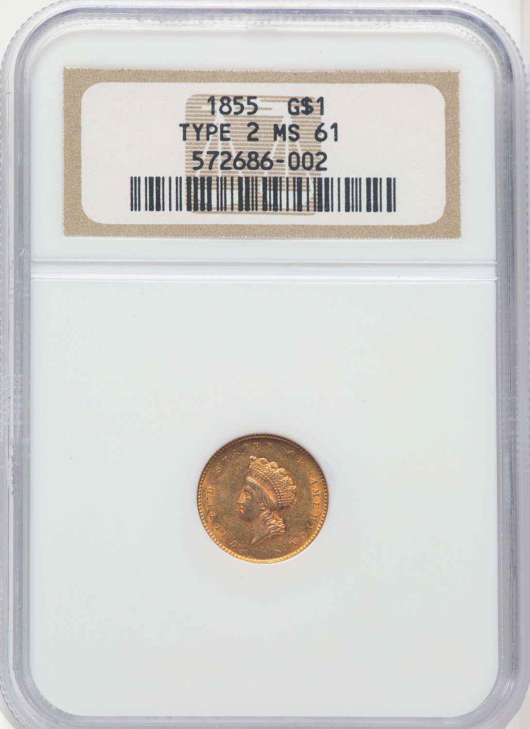 1855 G$1 Type Two Gold Dollar NGC MS61 - LCR Coin
