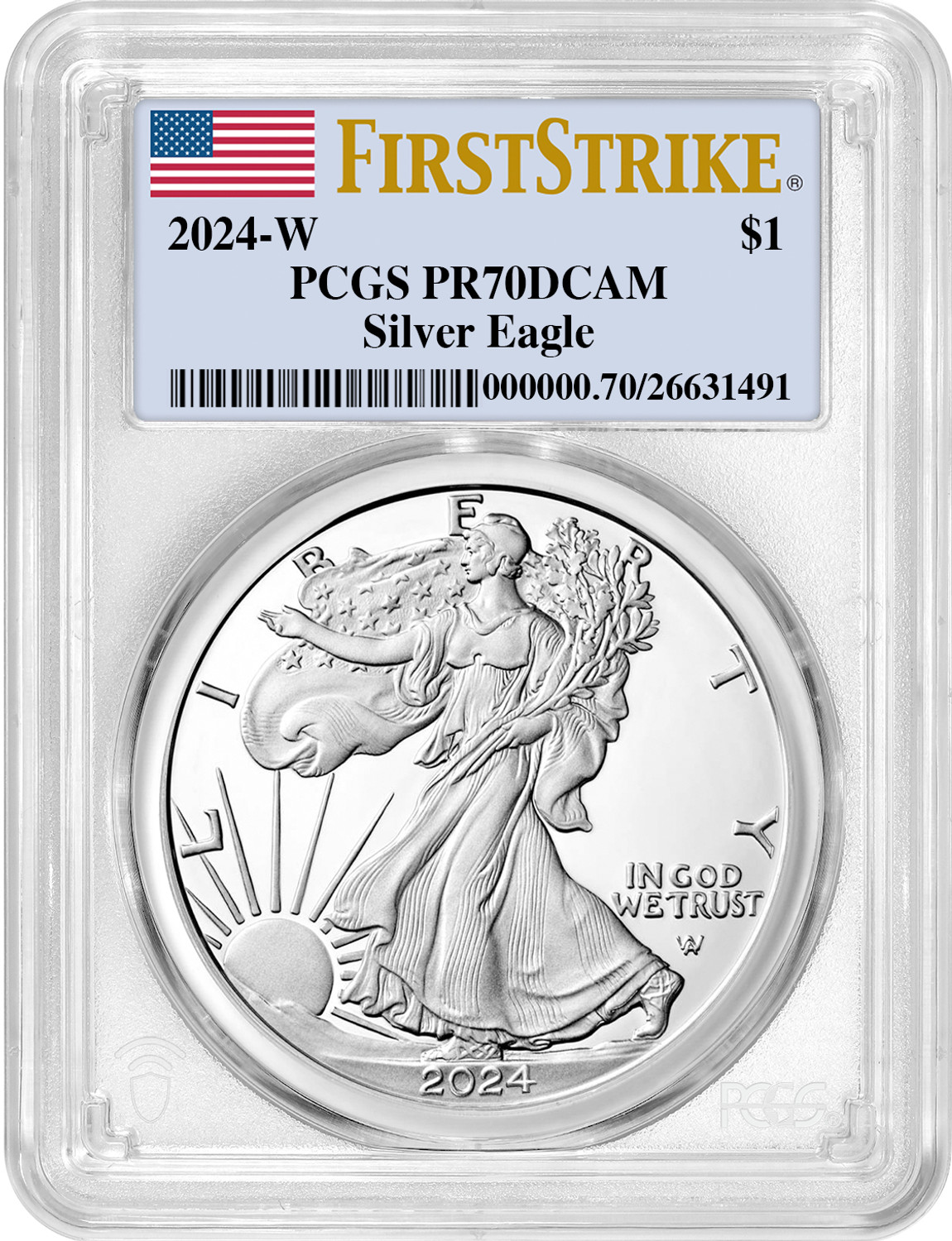 2024W Proof Silver Eagle First Strike PCGS PR70 LCR Coin 2024W Proof Silver Eagle First Strike PCGS PR70 LCR Coin