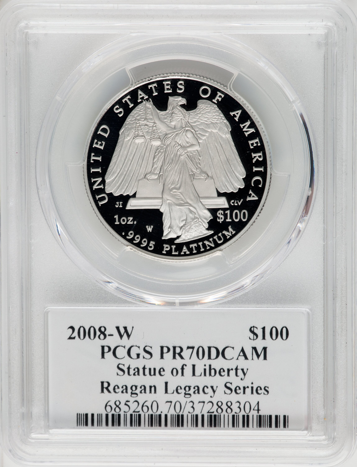 2008-W $100 One-Ounce Platinum Eagle Statue of Liberty Michael Reagan ...