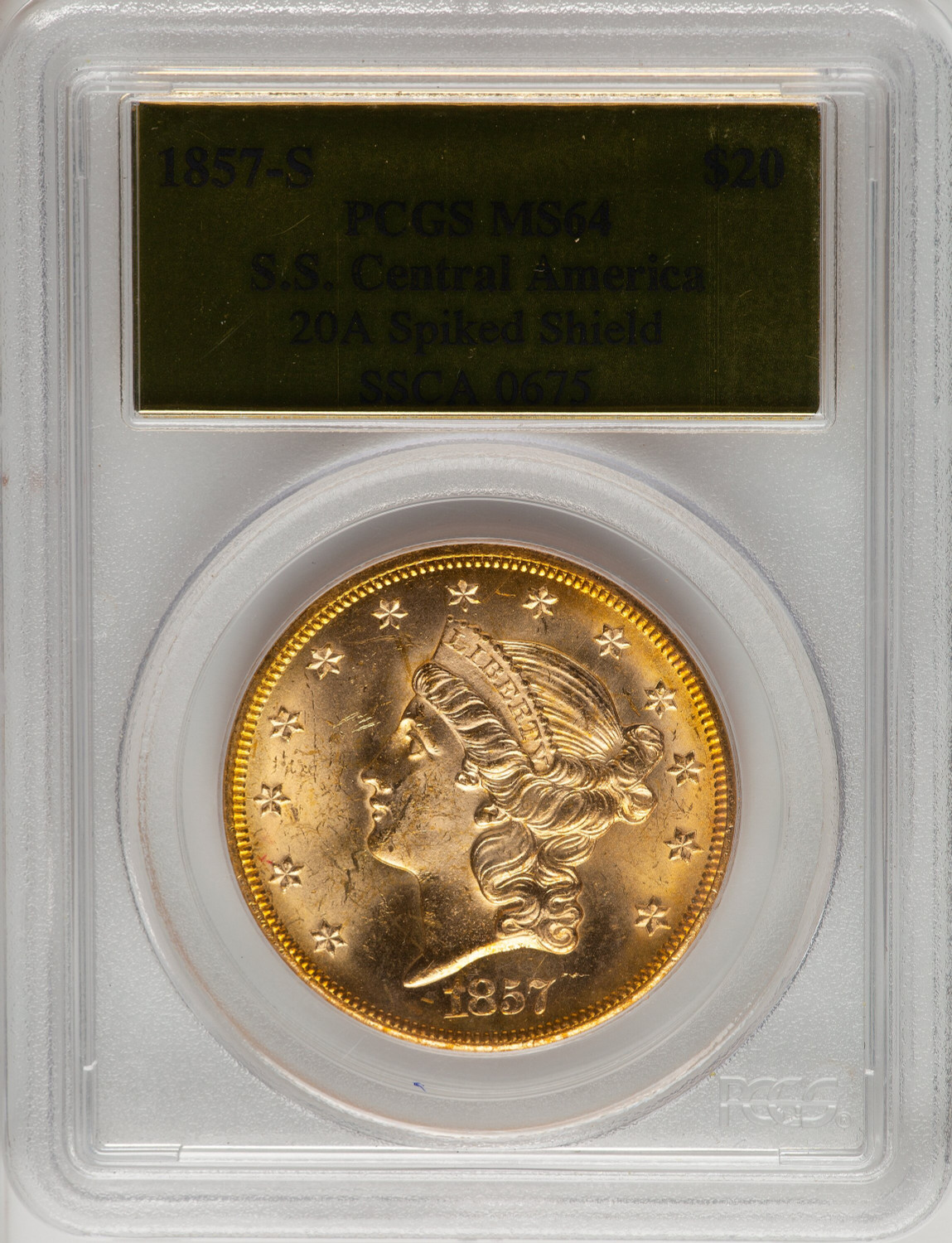 1857-S $20 Spike Shld Gold Foil Liberty Double Eagle PCGS MS64