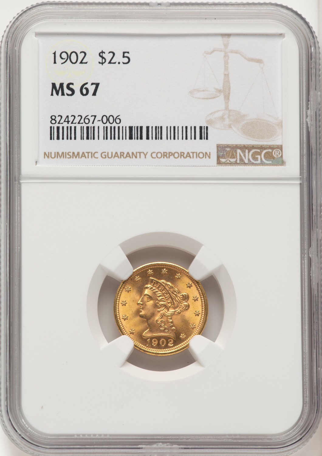 1902 $2.50 Liberty Quarter Eagle NGC MS67
