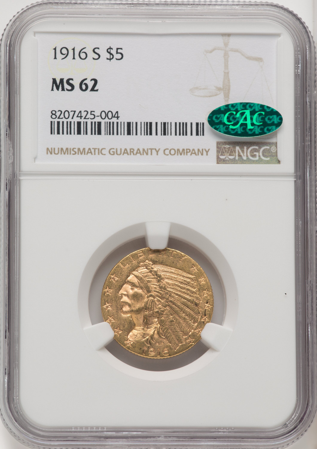 1916-S $5 Indian Half Eagle CACG MS62