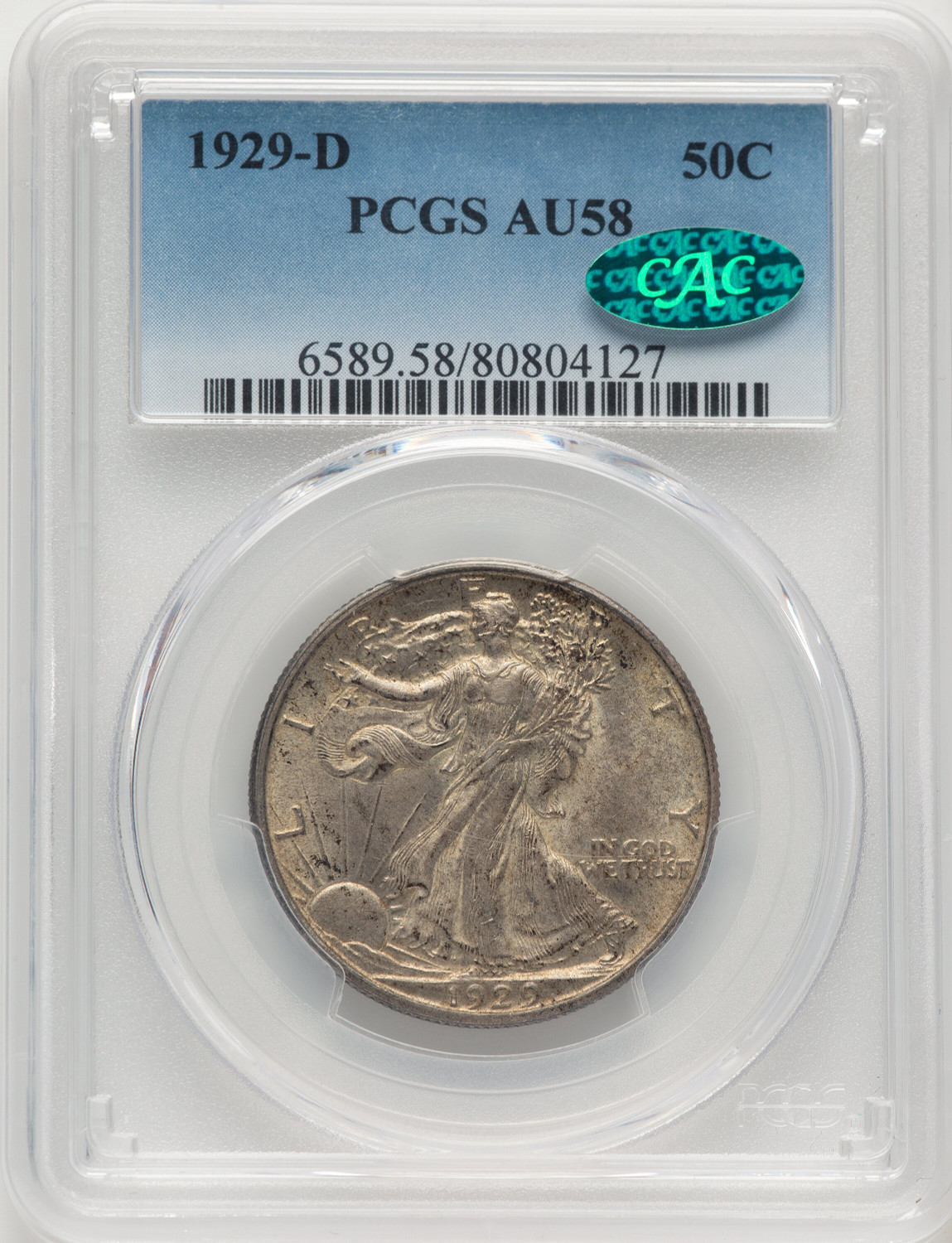 1929-D 50C CAC Walking Liberty Half Dollar PCGS AU58