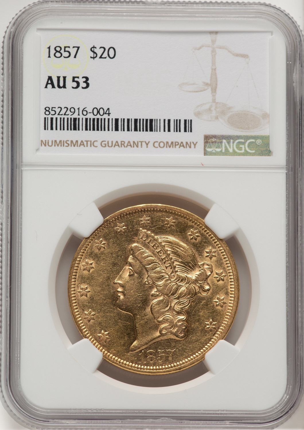 1857 $20 Liberty Double Eagle NGC AU53