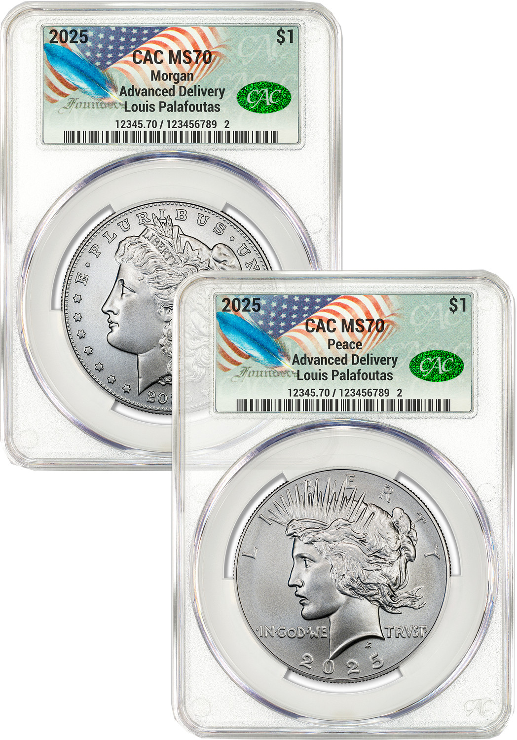 2025 Morgan and Peace Silver Dollar 2pc Set AD CAC MS70 | LCR Coin 2025 Morgan and Peace Silver Dollar 2pc Set AD CAC MS70 | LCR Coin